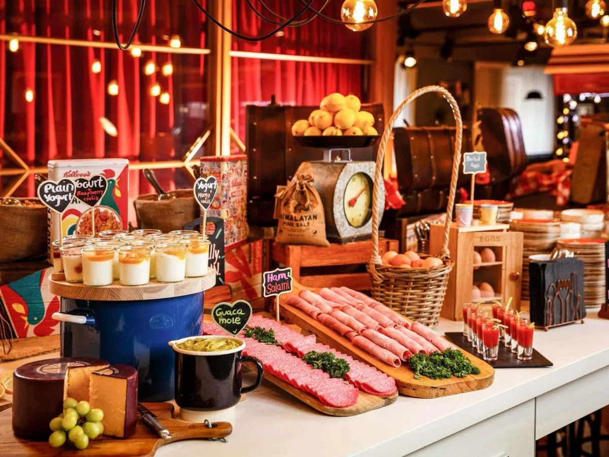 Breakfast buffet with sausages and hot dishes